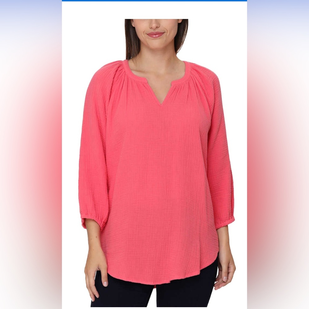 Nicole Miller Women's Notch Neck Raglan Sleeve Top Tunic Blouse Coral Size M